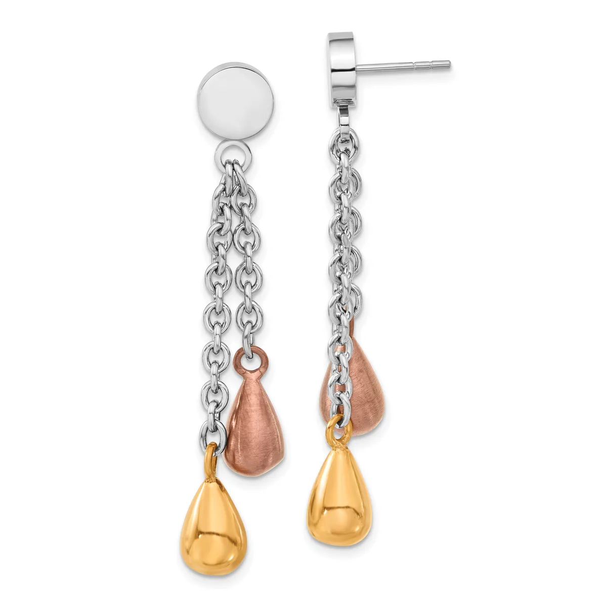 A pair of drop earrings with silver posts and chains, featuring rose and yellow gold teardrop charms suspended below.