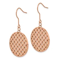 Pair of rose gold-toned oval dangle earrings with lattice cutout pattern and small chain detail above each pendant.