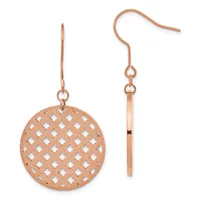 Pair of rose gold earrings with a circular lattice-patterned disc on one and a plain rectangular bar on the other, both suspended from hook-style ear wires.