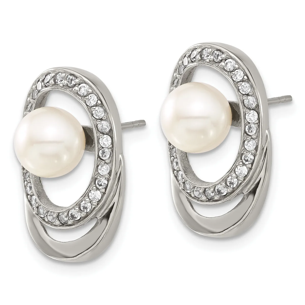 A pair of silver stud earrings featuring white pearls surrounded by oval halos of cubic zirconia stones with polished curved metal bands below.