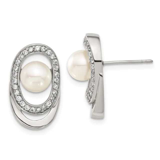 A pair of oval stud earrings featuring white pearls surrounded by concentric oval frames set with diamonds in white metal, shown from front and side views.
