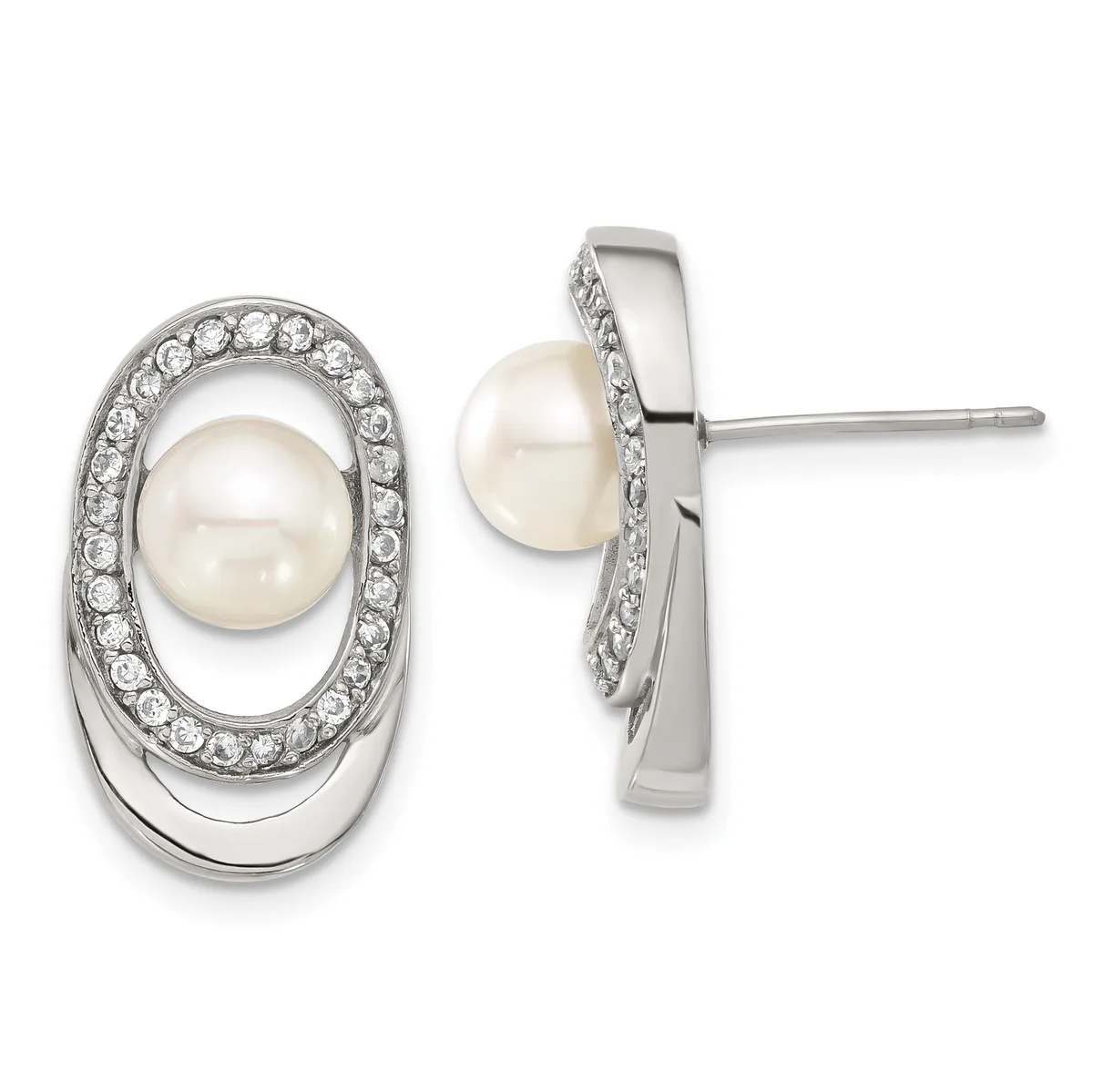 A pair of oval stud earrings featuring white pearls surrounded by concentric oval frames set with diamonds in white metal, shown from front and side views.