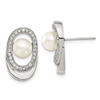 A pair of oval stud earrings featuring white pearls surrounded by concentric oval frames set with diamonds in white metal, shown from front and side views.
