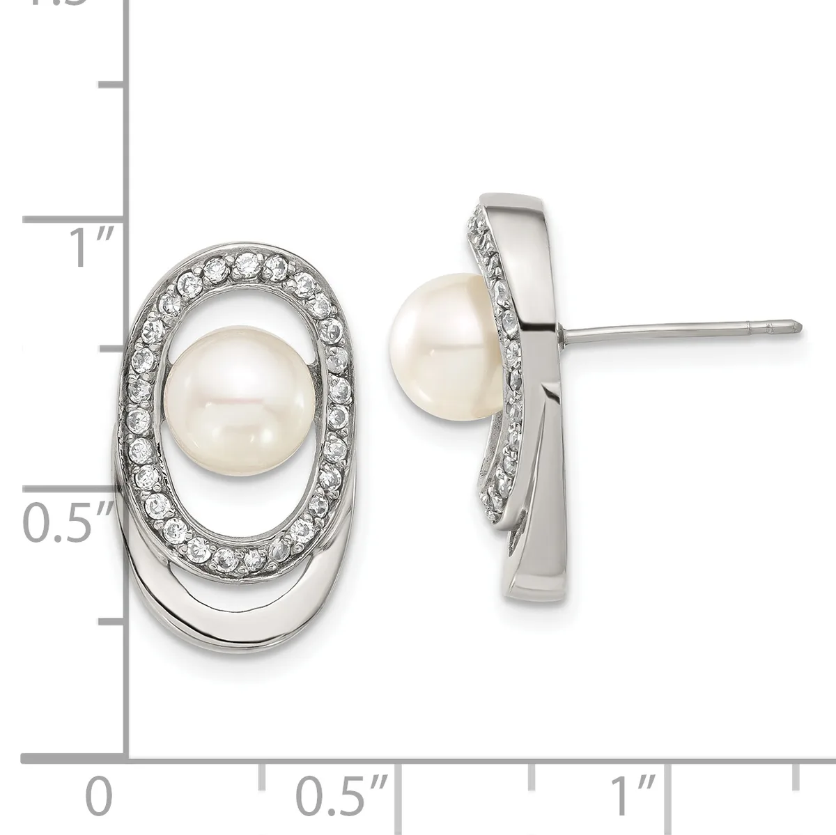 Pair of oval stud earrings featuring white pearls surrounded by rhinestone halos in rhodium-plated settings, shown next to a measurement ruler.
