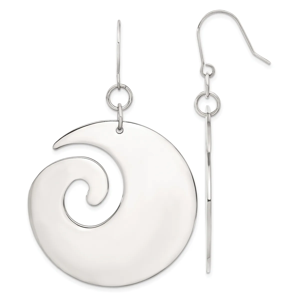 A pair of silver dangle earrings with circular spiral pendants and matching straight wire hooks with small rings.