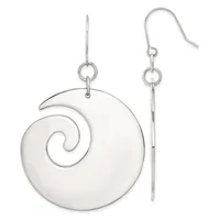 A pair of silver dangle earrings with circular spiral pendants and matching straight wire hooks with small rings.