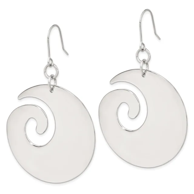 A pair of silver dangle earrings with spiral disc pendants hanging from curved ear wires.