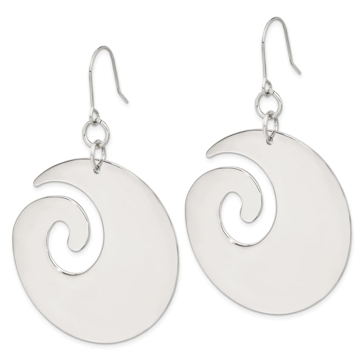 A pair of silver dangle earrings with spiral disc pendants hanging from curved ear wires.