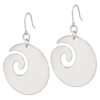 A pair of silver dangle earrings with spiral disc pendants hanging from curved ear wires.