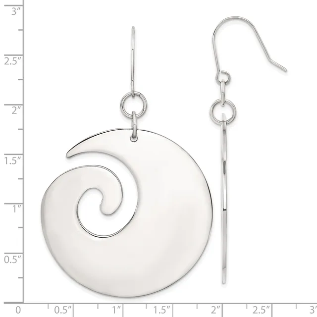 A pair of silver spiral shell dangle earrings with matching hooks, displayed against a measurement scale showing approximately 3 inches in length.