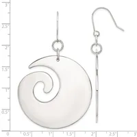 A pair of silver spiral shell dangle earrings with matching hooks, displayed against a measurement scale showing approximately 3 inches in length.