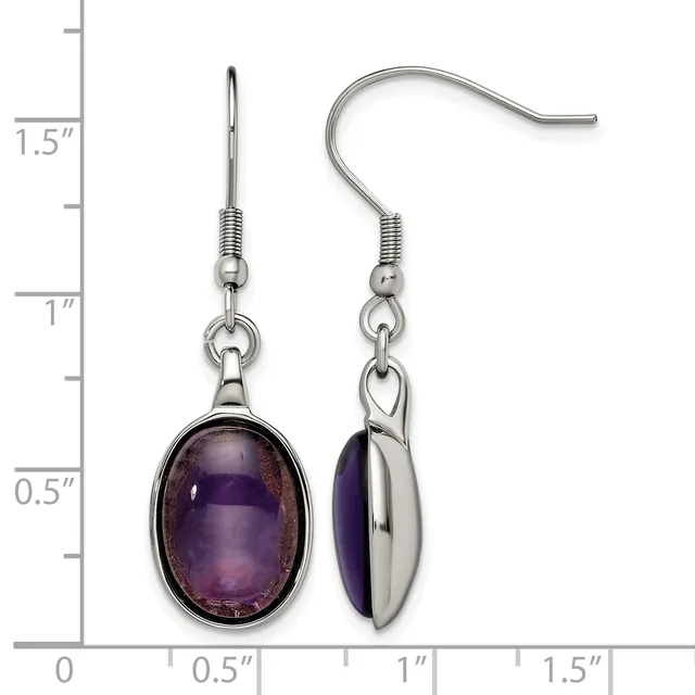 Pair of silver-toned earrings with purple oval cabochon stones suspended from fish hook wires, displayed against a measurement scale showing approximately 1.5 inches in length.