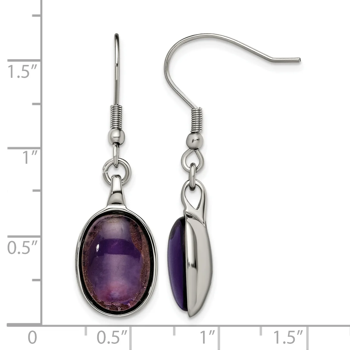 Pair of silver-toned earrings with purple oval cabochon stones suspended from fish hook wires, displayed against a measurement scale showing approximately 1.5 inches in length.