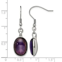 Pair of silver-toned earrings with purple oval cabochon stones suspended from fish hook wires, displayed against a measurement scale showing approximately 1.5 inches in length.