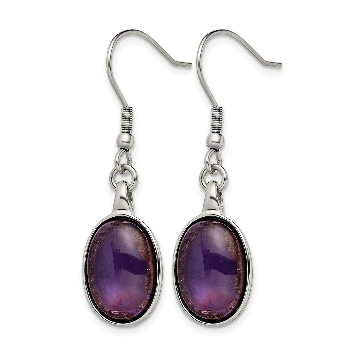 A pair of silver-toned drop earrings with purple oval gemstones set in bezels, suspended from fish hook wires.