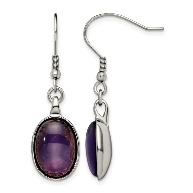 Pair of silver-tone dangle earrings with oval purple gemstone cabochons in bezel settings, shown from front and side views.