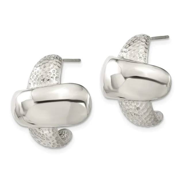 A pair of silver earrings with polished curved tops and textured pear-shaped bottoms, displayed side by side.