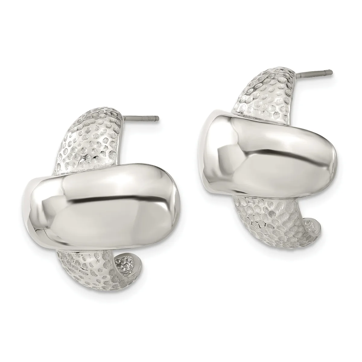 A pair of silver earrings with polished curved tops and textured pear-shaped bottoms, displayed side by side.
