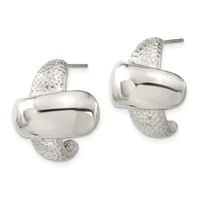 A pair of silver earrings with polished curved tops and textured pear-shaped bottoms, displayed side by side.