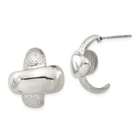 Pair of silver hoop earrings with polished domed centers and textured mesh-pattern capped ends, shown from front and side views.