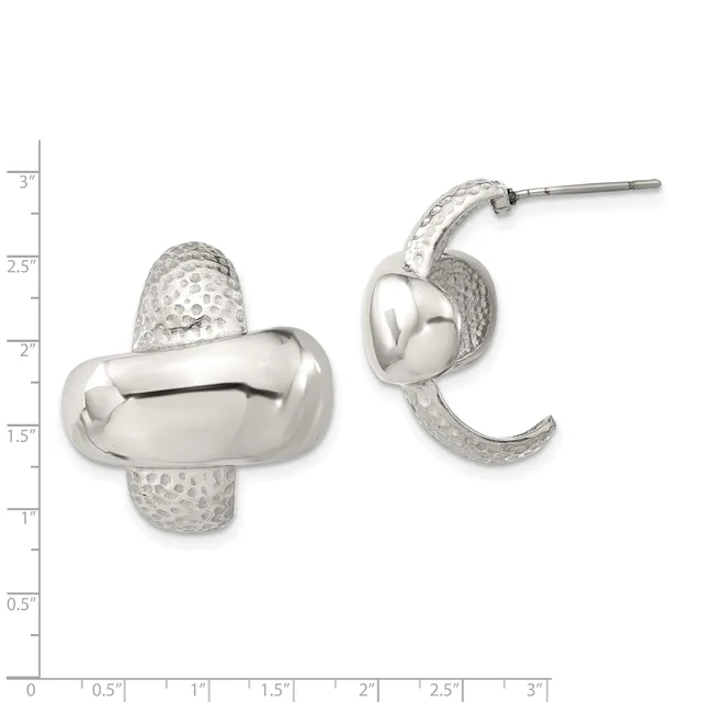 Silver textured and polished stud earrings with curved designs, shown front and side view with a measurement scale.