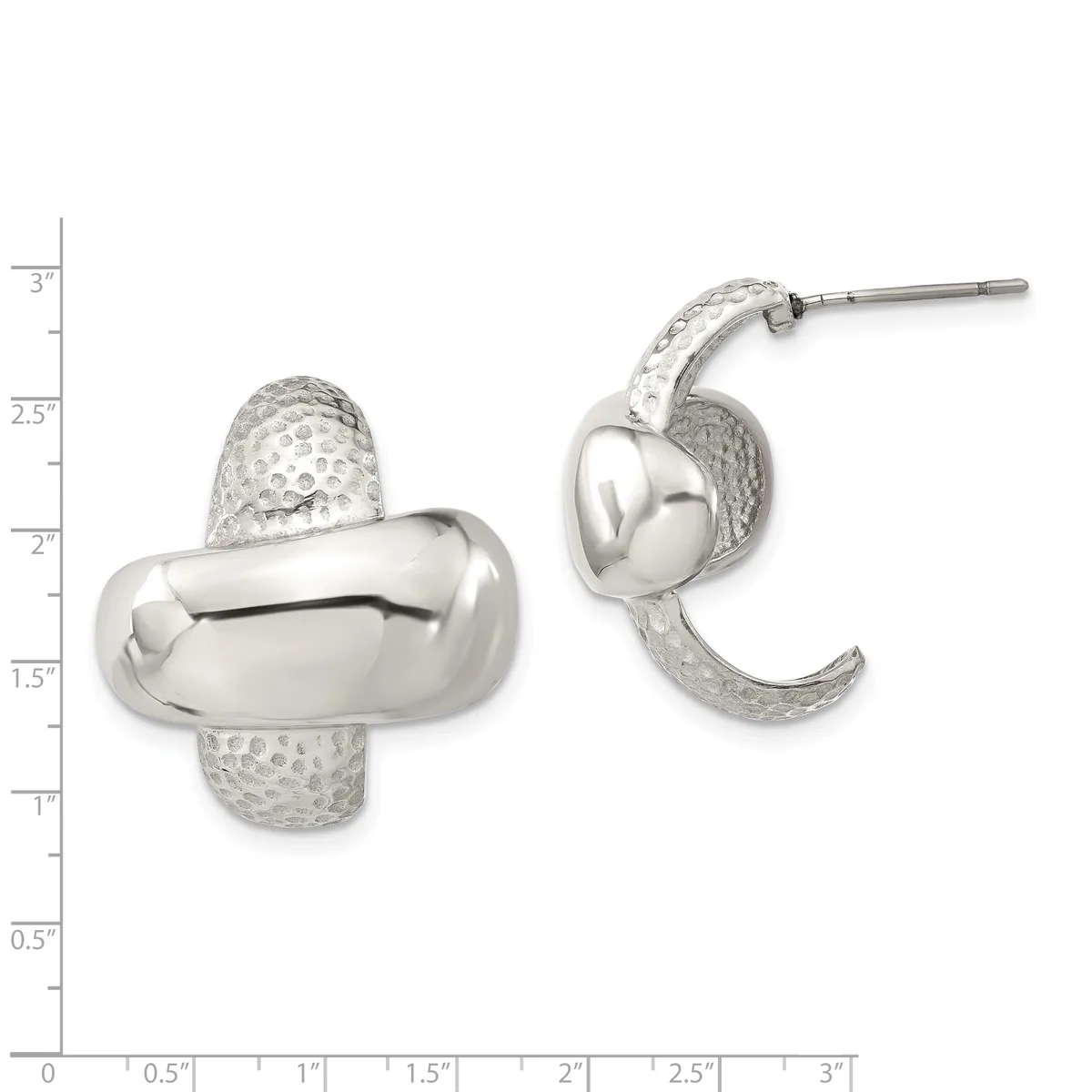 Silver textured and polished stud earrings with curved designs, shown front and side view with a measurement scale.