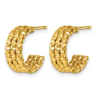 A pair of gold textured hoop earrings with a dimpled surface finish and post backs, displayed side by side against a white background.