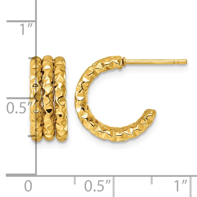 Pair of textured gold hoop earrings with a hammered finish, shown next to a ruler indicating approximately one inch in length.