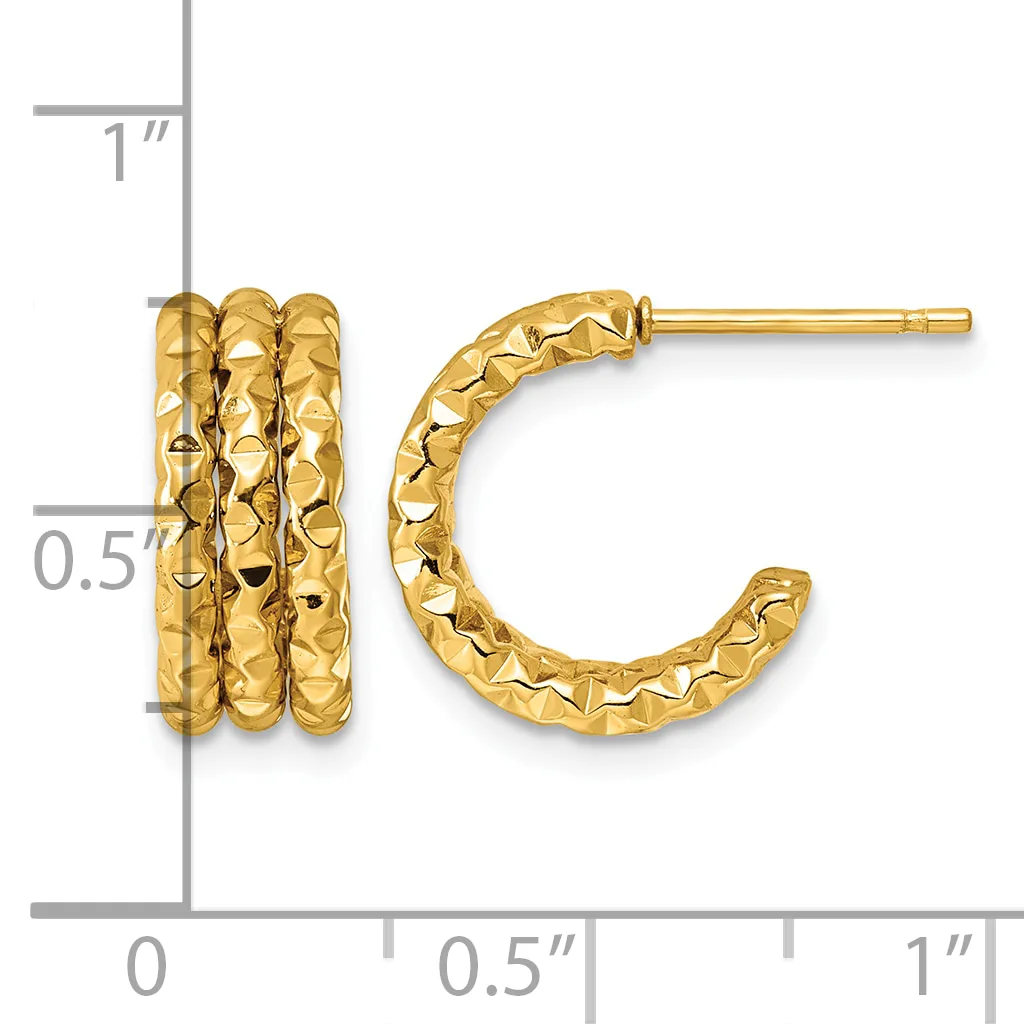 Pair of textured gold hoop earrings with a hammered finish, shown next to a ruler indicating approximately one inch in length.