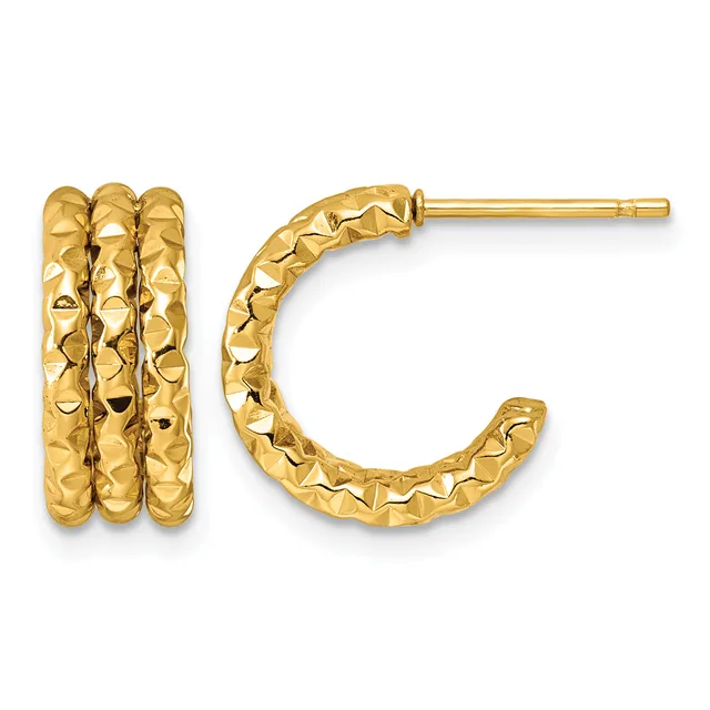 Pair of gold hoop earrings with textured diamond-cut surface, shown from front and side views.