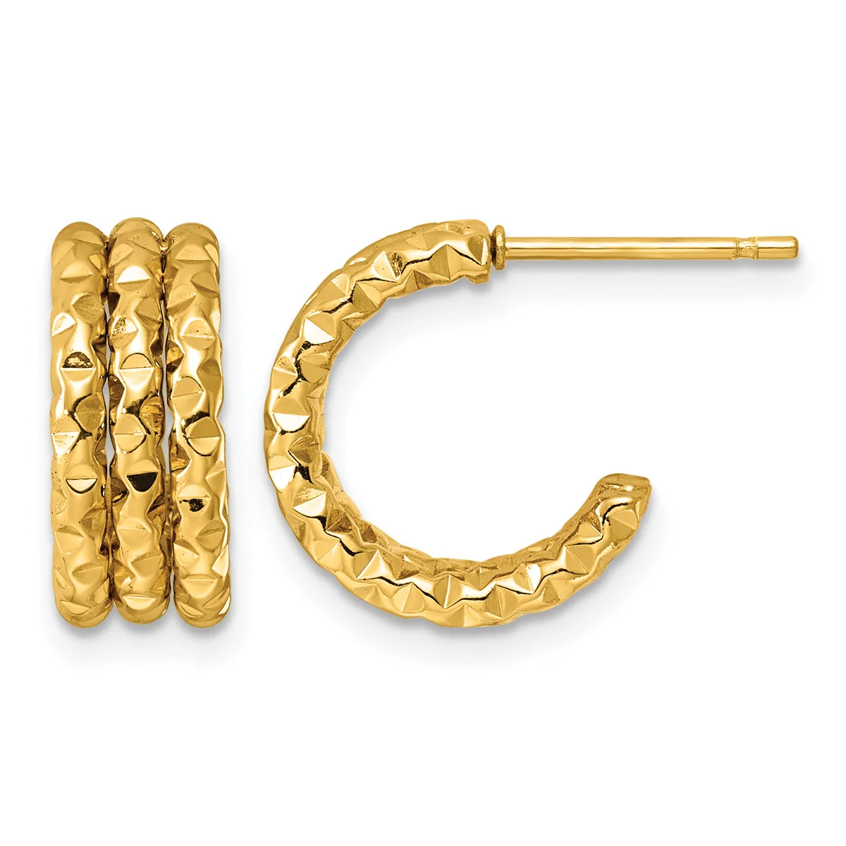 Pair of gold hoop earrings with textured diamond-cut surface, shown from front and side views.