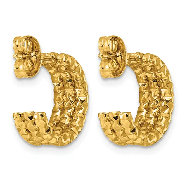 Pair of textured gold hoop earrings with a crumpled surface finish and post-back closures, shown from the front against a white background.