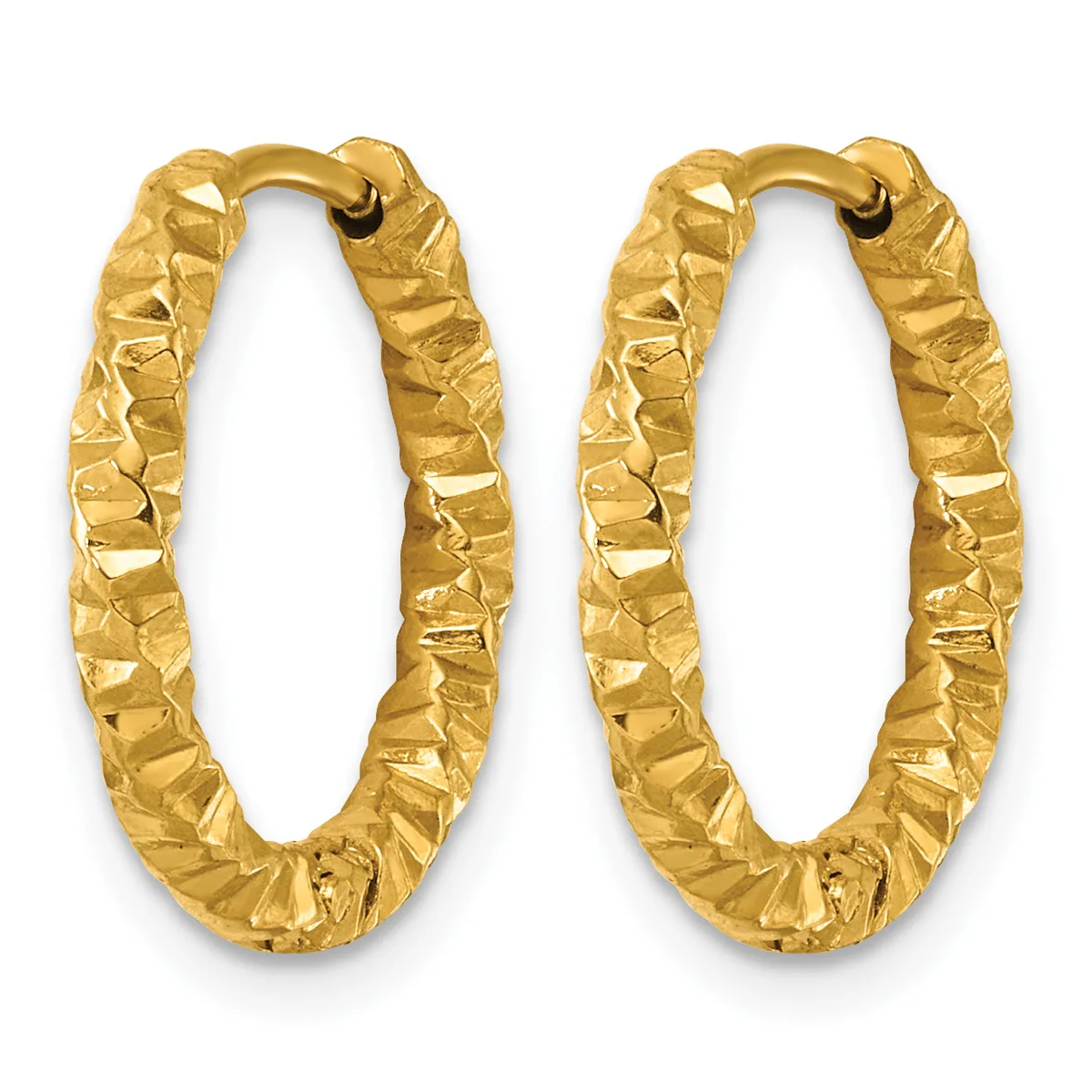 A pair of gold hoop earrings with a textured, hammered surface finish and hook closures.