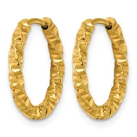 A pair of gold hoop earrings with a textured, hammered surface finish and hook closures.