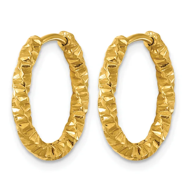 A pair of gold oval hoop earrings with a textured, hammered surface finish and hook closures.