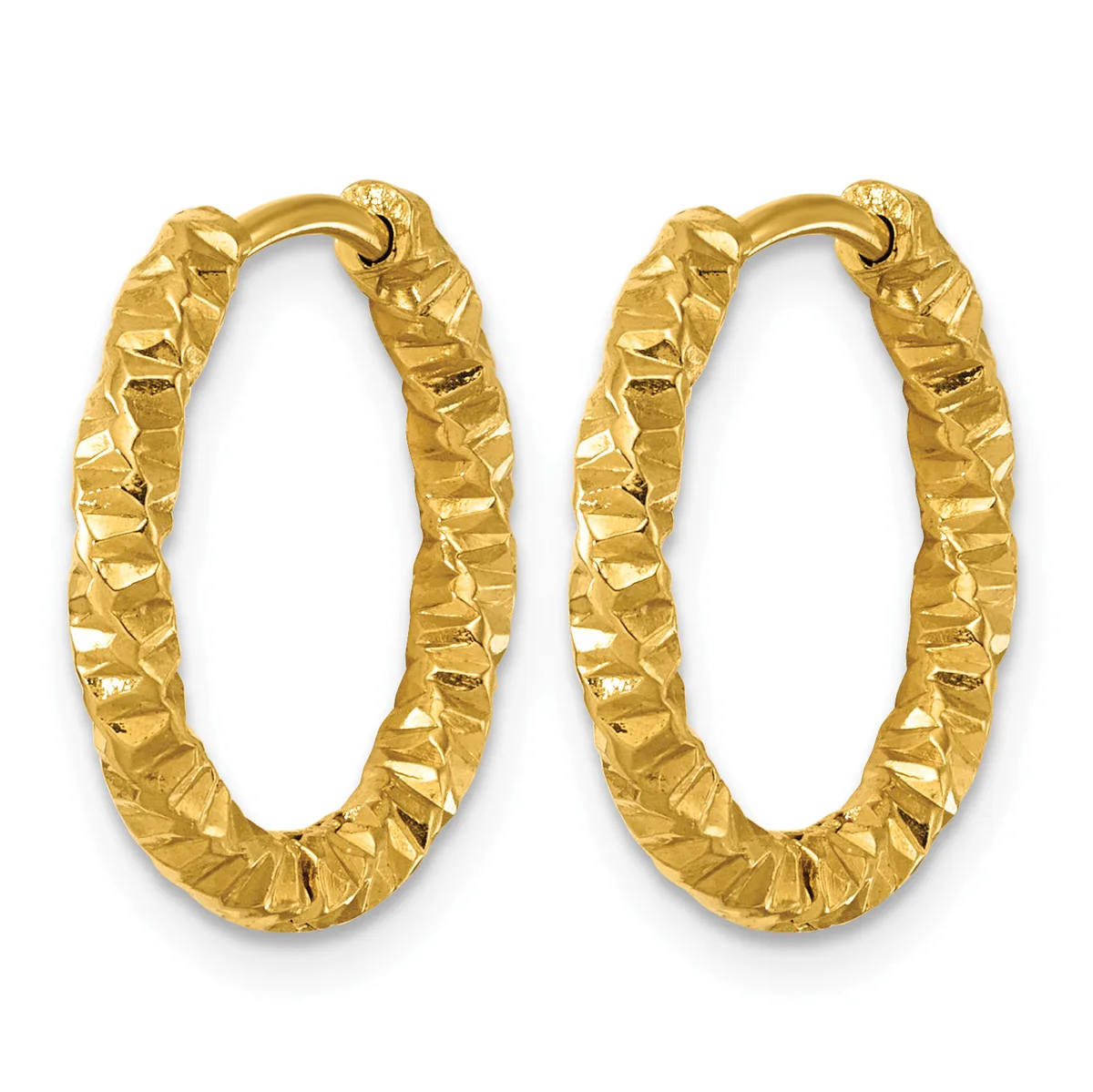 A pair of gold oval hoop earrings with a textured, hammered surface finish and hook closures.