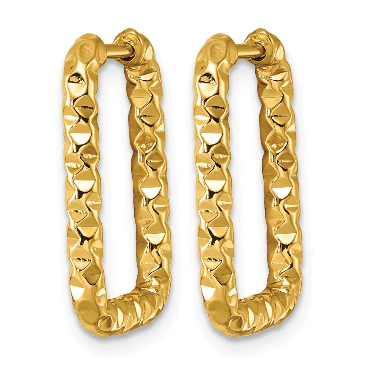 A pair of gold rectangular hoop earrings with a textured diamond pattern surface and hinged closures.
