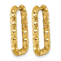 A pair of gold rectangular hoop earrings with a textured diamond pattern surface and hinged closures.