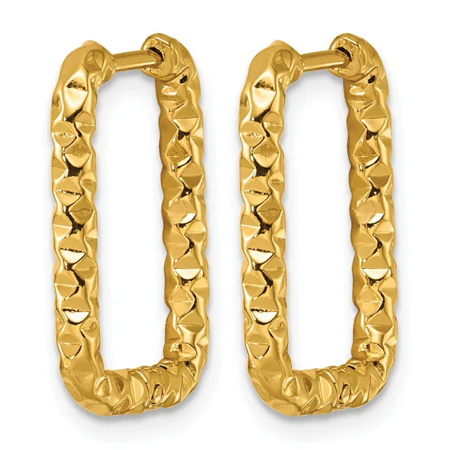 A pair of gold-toned rectangular hoop earrings with textured quilted surfaces and hinged closures.