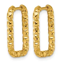 A pair of gold-toned rectangular hoop earrings with textured quilted surfaces and hinged closures.