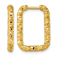 A pair of gold-textured rectangular hoop earrings with a dimpled surface pattern and hinged closures, displayed side by side.