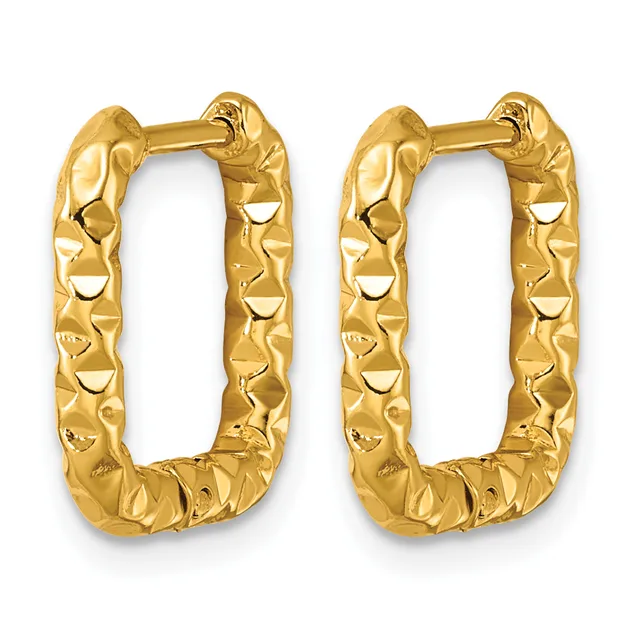 Pair of gold textured rectangular hoop earrings with hinged closures, displayed against a white background.