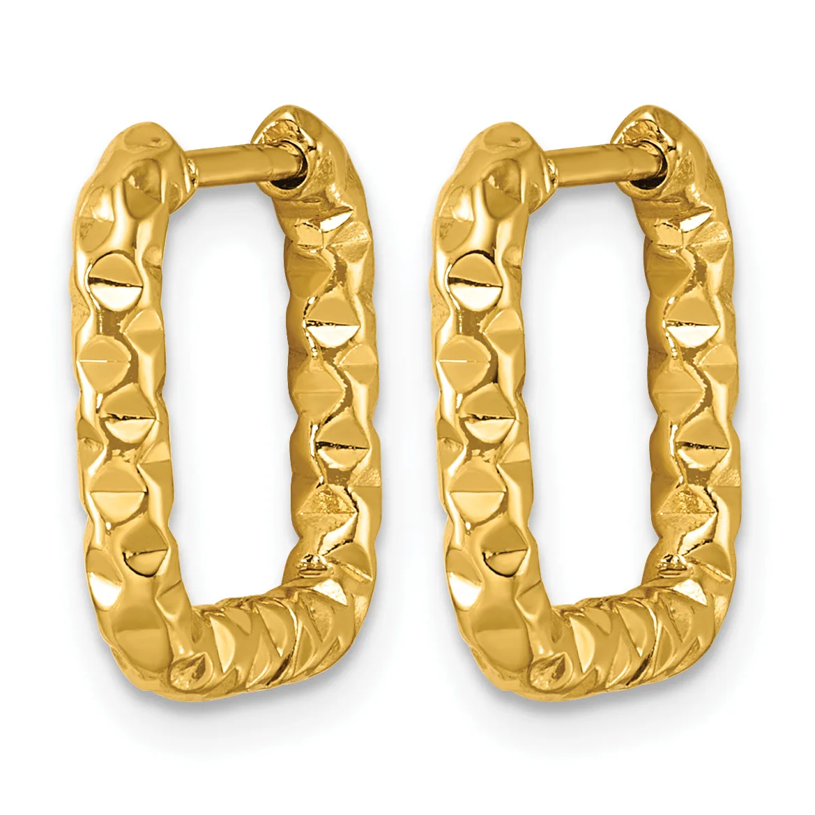 Pair of gold textured rectangular hoop earrings with a hammered surface finish and hinged posts.