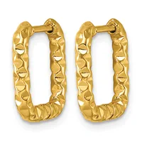 Pair of gold textured rectangular hoop earrings with a hammered surface finish and hinged posts.