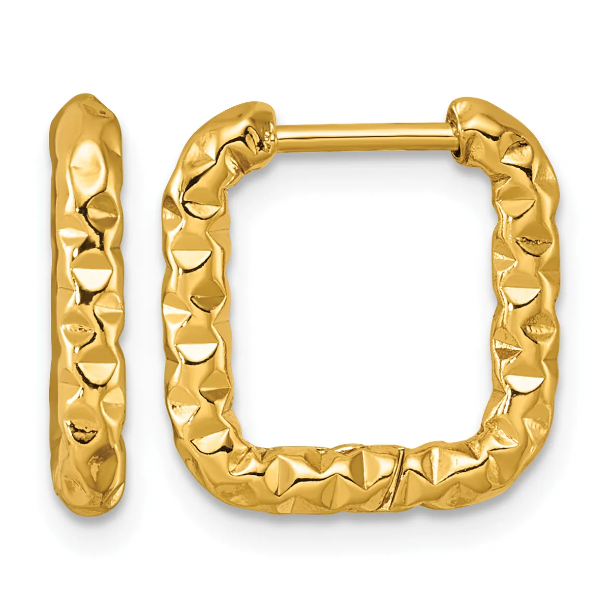 A pair of gold hoop earrings with a textured, hammered surface and square shape, shown from the front and side.
