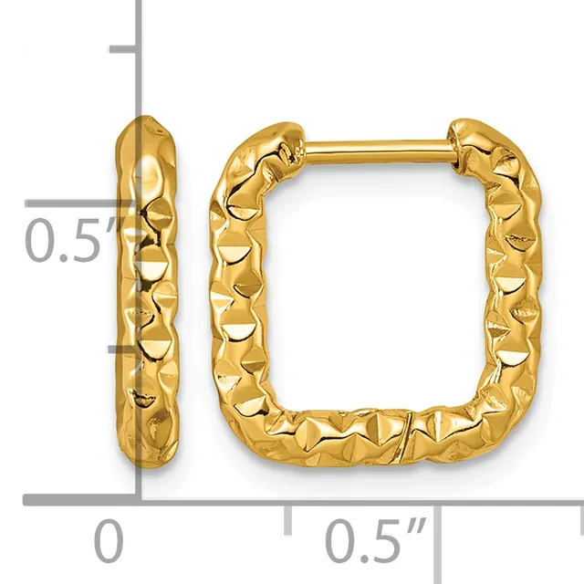 Gold square hoop earrings with a textured hammered finish, shown with measurement scale indicating approximately 0.5 inch dimensions.