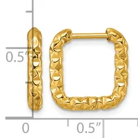Gold square hoop earrings with a textured hammered finish, shown with measurement scale indicating approximately 0.5 inch dimensions.