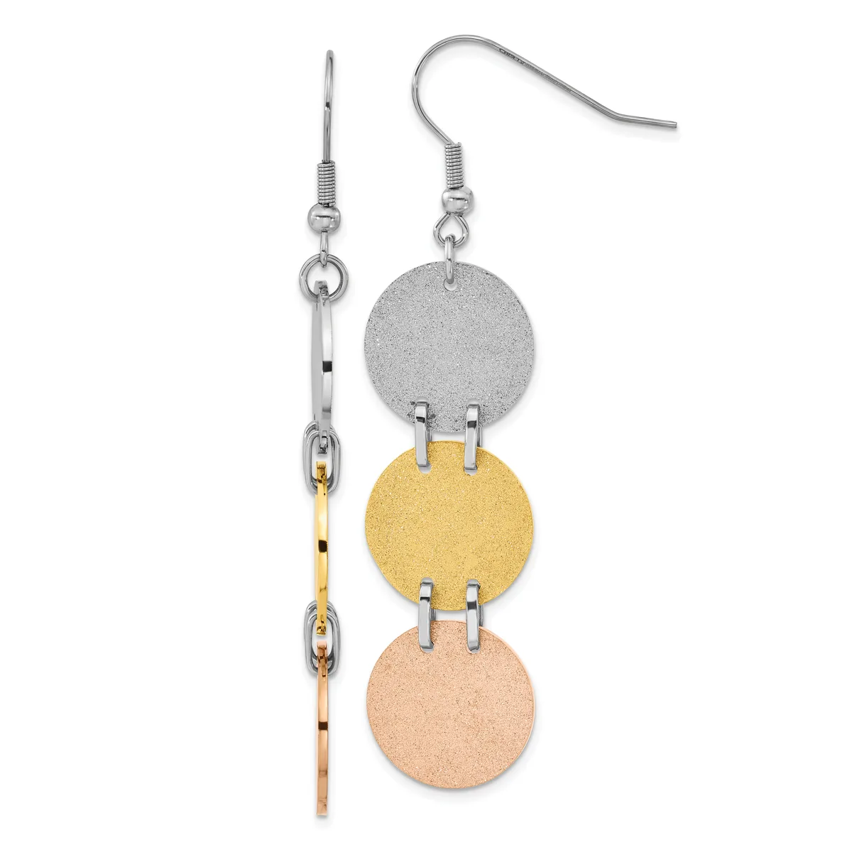 A pair of silver fish hook earrings featuring three stacked circular discs in brushed silver, gold, and rose gold finishes, connected by small metal bars.