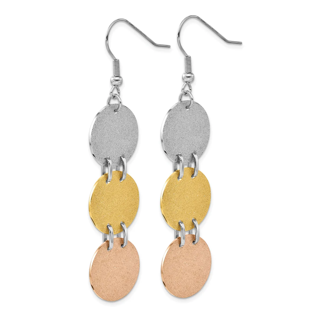 Pair of dangling earrings with silver fish-hook closures and three stacked oval discs in brushed silver, gold, and rose gold finishes connected by small metal rings.