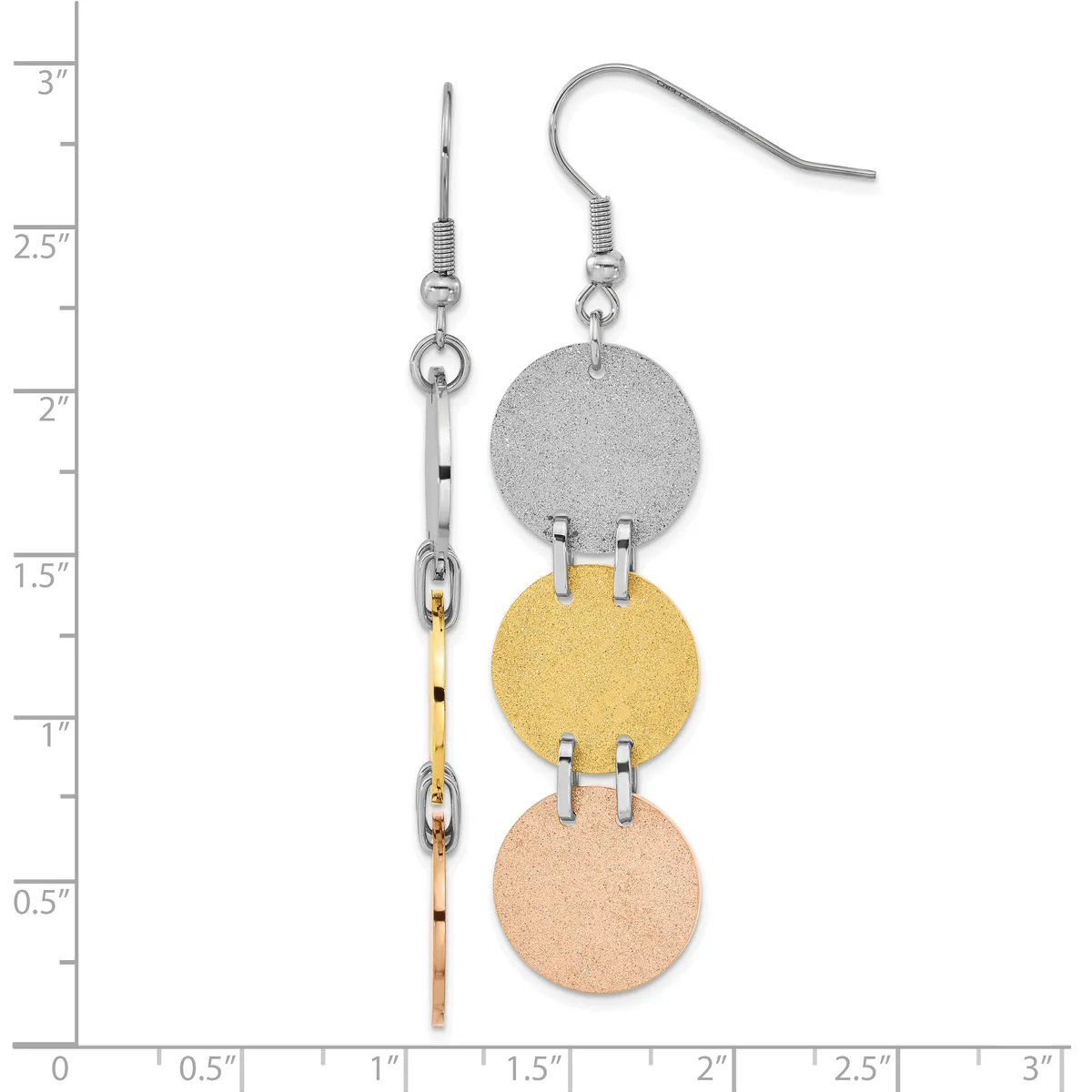 Pair of dangle earrings with three graduated circular metal discs in silver, gold, and rose gold tones, suspended from silver-toned ear wires, shown against a ruler measuring approximately three inches in total length.